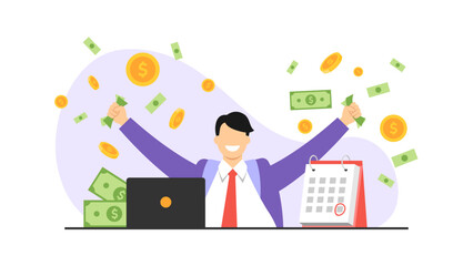 Vector illustration of salary. Cartoon scene with a man who is happy with his salary and wants to go on vacation.