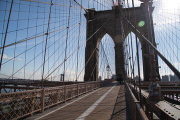 New York, NY, USA - February 2nd, 2017 - Strolling the fabulous Brooklyn Bridge