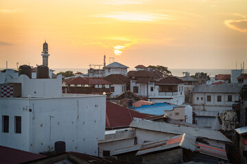 Beautiful sunset over Stone Town, Zanzibar. Aerial view of Stone Town, Tanzania