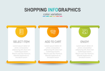 Concept of shopping process with 3 successive steps. Three colorful graphic elements. Timeline design for brochure, presentation, web site. Infographic design layout.