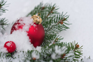 Fototapeta na wymiar Close-up photo of a large red Christmas toy in the form of a ball and small one on a branch of a coniferous tree lying in the snow.