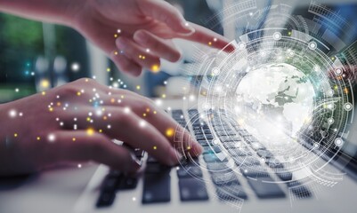 Internet of Things technology, using laptop computer with E-commerce technology icons on virtual global network
