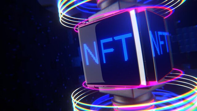 Non-fungible NFT token. NFT on monochrome display. Smoothly rotating cube with a neon inscription.