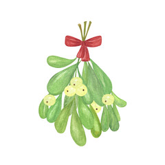 Watercolor traditional Christmas branch of mistletoe plant with a red bow, hand drawn illustration, Merry Christmas and Happy New Year pattern