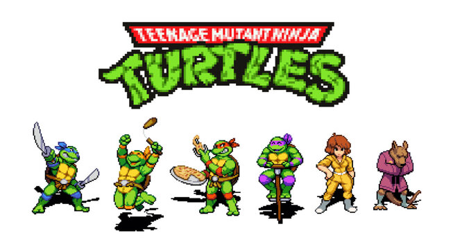 Set of characters in victory pose from Teenage Mutant Ninja Turtles Shredder's Revenge modern video game in 16-bit classic pixel design, vector illustration