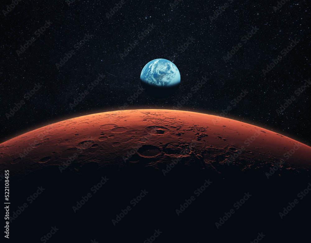 Aufkleber mars, the red planet with detailed surface features and craters in deep space. blue earth planet in 