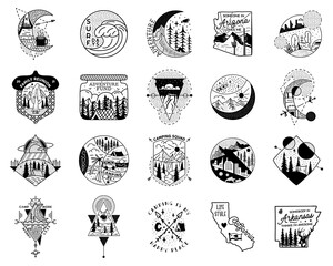 Camping adventure badge designs big bundle. Outdoor crest logos with tents and trees. Travel silhouette labels isolated. Sacred geometry. Stock tattoo graphics emblems