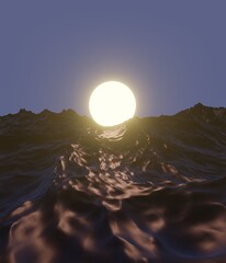 Fantasy landscape of other world, shining planet over dark sea. Digital painting 3d rendering