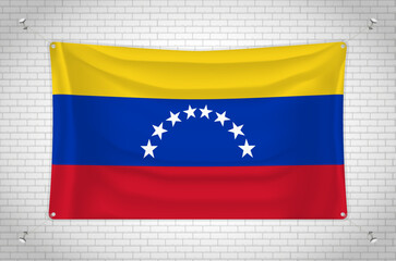 Venezuela flag hanging on brick wall. 3D drawing. Flag attached to the wall. Neatly drawing in groups on separate layers for easy editing.