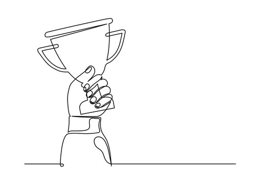 recommend clip art: Hand holding award cup. Winner with prize. Continuous line drawing