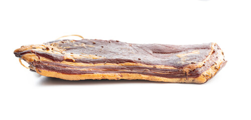 Whole smoked bacon isolated on white background.