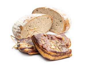 Whole smoked bacon isolated on white background.