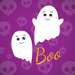 Two lovely white ghosts on purple background. Cute card for Halloween.