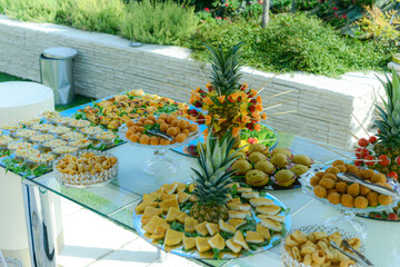 outdoors party finger food table, open-air buffet table, wedding aperitif catering.
