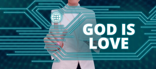 Writing displaying text God Is Love. Internet Concept Believing in Jesus having faith religious thoughts Christianity Lady in suit holding pen symbolizing successful teamwork accomplishments.