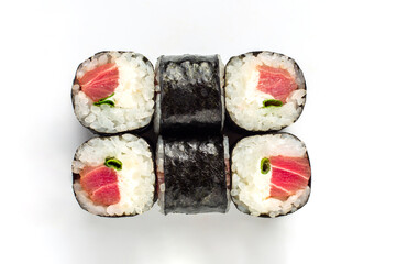 tuna rolls wrapped in nori. top view, isolate