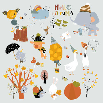 Cartoon Autumn Set with Funny Animals and Trees