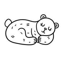 Vector doodle hand drawn cute sleeping bear. Funny forest animal in cartoon style. Isolated on a white background graphic outline element.