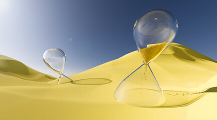 Hourglass clock on sand of desert background. 3d illustration. Time management. The sands of the time