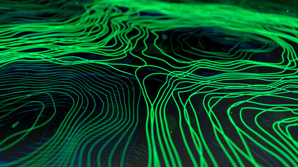 Abstract green topographic contour lines. 3D illustration.