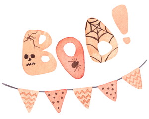 Hand drawn Halloween watercolor greeting card. Boo lettering with spider and web isolated on a white background.