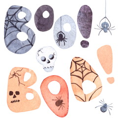 A set hand drawn watercolor elements for Halloween party decor. Boo lettering with spider and web isolated on a white background.