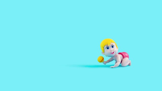 Birth concept with baby doll with rattle on pastel blue background 4k.
