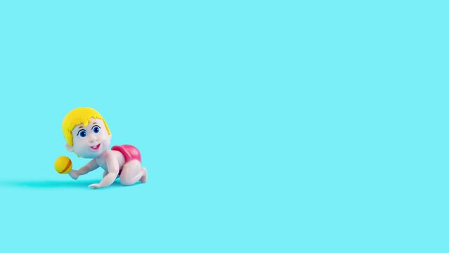 Creative birth concept with baby doll with rattle on pastel blue background 4k.