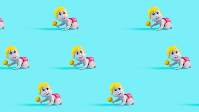 Birth concept with baby dolls with rattle on pastel blue background 4k.
