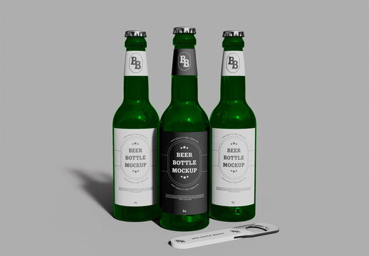 Three Beer Bottles With Metalic Opener Mockup