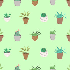 Seamless pattern with flowers and plants in pots. Gardening plants background. Vector illustration
