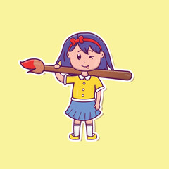 Cute cartoon girl with big brush in vector illustration. Isolated human vector. Flat cartoon style