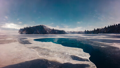 Naklejka premium Frozen winter lake, ice on the river, lake in the winter forest. Winter landscape, ice, frost, snow. 3D illustration.