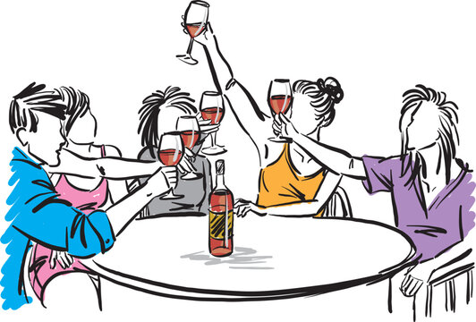 happy group of friends drinking wine having fun friendship concept vector illustration