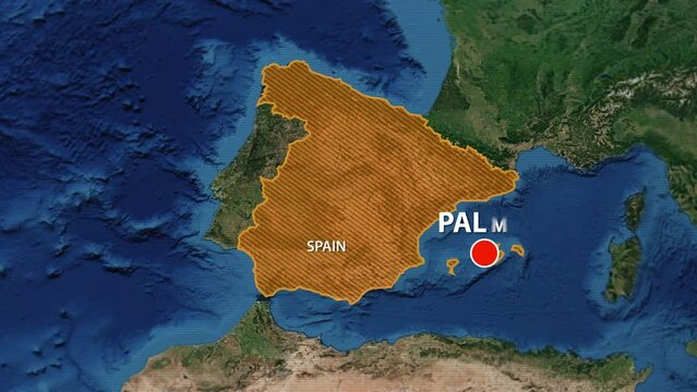 Designation of the borders of Spain on the map and the mark of the location of the city of Palma