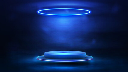 Empty blue podium floating in the air with blue neon ring lamp on the ceiling