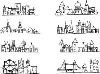 City silhouette. View. A set of fictional cities. Houses. Hand drawn city silhouette in vector format. Postcard elements. Decor.