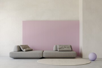 3d rendering of modern living room with grey sofa and  decorative wall with pink embossed panels, round carpet on concret floor, decor	