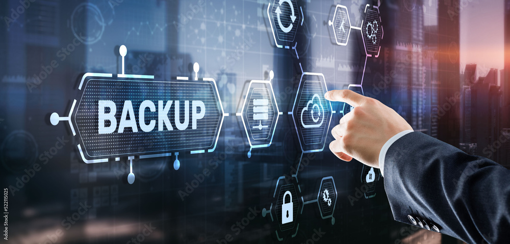 Poster backup storage data technology concept. businessman touching backup