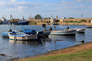 Fototapeta premium Boats in the harbour, view of the small Sicilian port, fishing, no people, Scoglitti / Sicily.