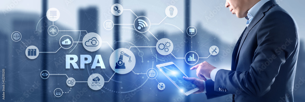Poster rpa. robotic process automation concept on virtual screen