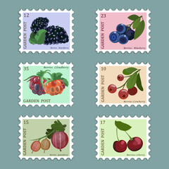 Post stamps set with garden and wild berries with tittles . Vector illustration.