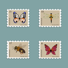 Post stamps set with butterflies, bee, dragonfly.  Vector illustration.