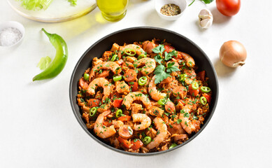 Creole jambalaya with chicken, smoked sausages and vegetables