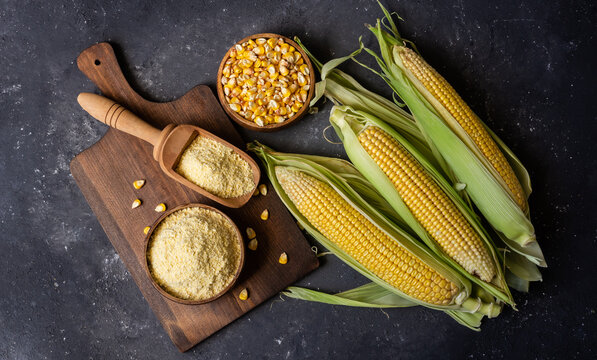 Corn flour in wooden bowl or spoon with fresh corn cobs, kernels on rustic table
