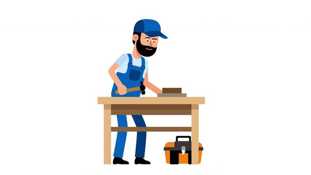 Carpenter hammers a nail on workbench. Cartoon worker at work. looped animation