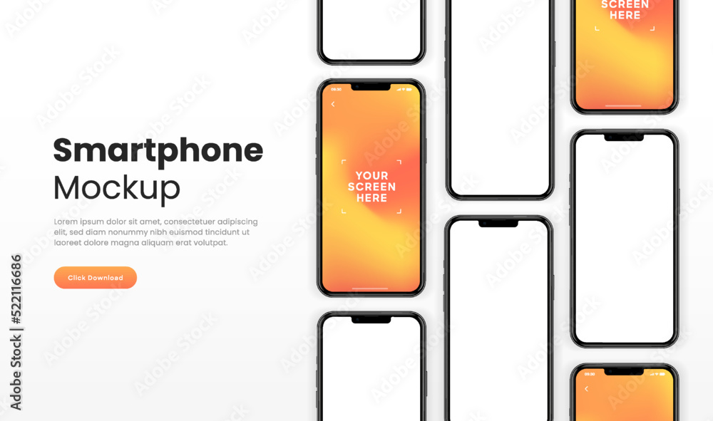 Aufkleber 3D realistic high quality smartphone mockup isolated with white blank screen. Smart phone mockup collection. Device front view. 3D mobile phone with shadow on white background.