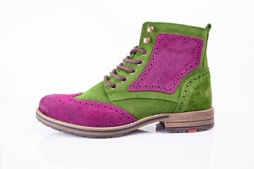 Male pink and green leather boot on white background, isolated product.