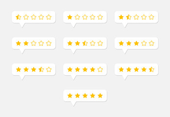 Star rating icons on gray background. One to five star halfling feedback, review, rate us symbols. One to five full and half full stars.