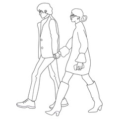 Walking couple line sketch isolated on white background. Man and woman walking together holding hands. Celebrities in fancy outfits strolling through the street.